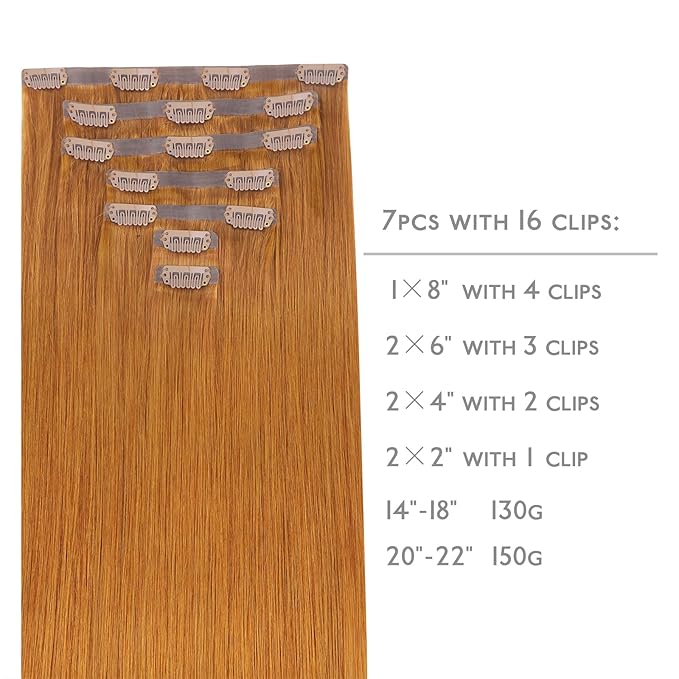 WENNALIFE Seamless Clip In Hair Extensions Human Hair, 22 Inch 150g 7pcs Auburn Ginger Real Hair Extensions Clip in Human Hair Invisible PU Skin Weft Natural Remy Human Hair Extensions