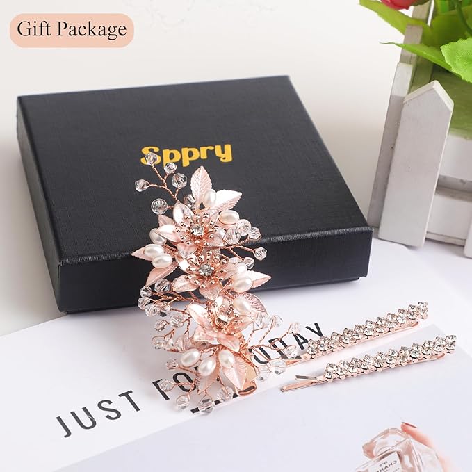 Floral Crystal Pearl Alligator Hair Clip and Rhinestone Bobby Pins, Elegant Hair Accessories for Bridal Women in Wedding or Prom, Set of 3 (Rose Gold)