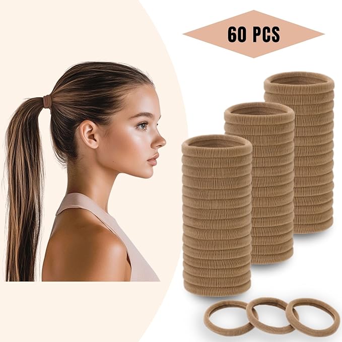 60 Pcs 2 Inch Light Brown No Damage Hair Ties for Women Thick Hair, Large Soft Seamless Nylon Fabric Elastic Hair Ties Ponytail Hair Holders Hair Elastics Hair Band for Women