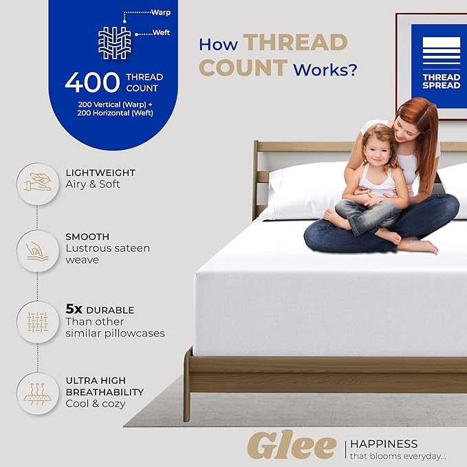 THREAD SPREAD 100% Cotton Pillowcases Standard/Queen Size Set of 4-400 Thread Count Cotton Pillowcases, Ultra Soft Cool Sateen Weave Pillow Cases for Sleeping, Set of 4 Pillow Covers (White)