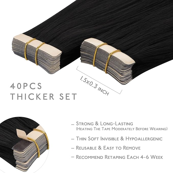 WENNALIFE Tape in Hair Extensions Human Hair, 40pcs 60g 10 inch Jet Black Remy Hair Straight Tape in Extensions Invisible Reusable Real Hair Extensiones De Cabello Humano