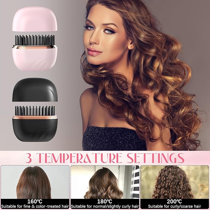 Mini Hair Straightener Brush, Wireless Rechargeable, 3-Speed Temperature Control, Portable for Home and Travel, Black (Pink)