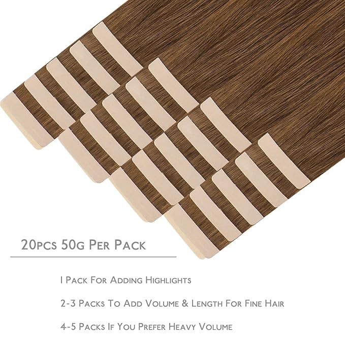 WENNALIFE Tape in Hair Extensions Human Hair, 20pcs 50g 20 inch Light Auburn Brown Remy Hair Extensions Straight Human Hair Tape in Extensions Skin Weft Tape Extensions Human Hair