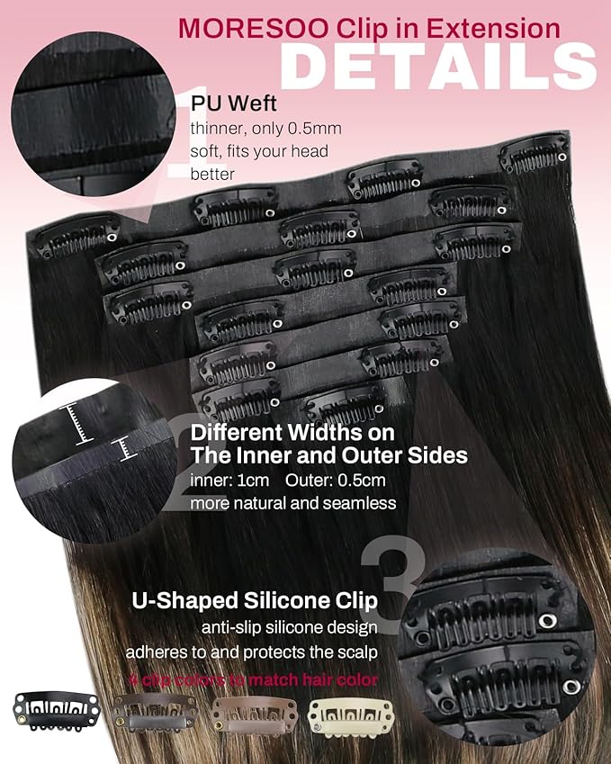 Moresoo Seamless Clip in Hair Extensions Human Hair Ombre Black to Blonde Hair Clip Extensions for Women Straight Balayage Natural Black to Brown with Caramel Blonde 120g/7pcs 16in