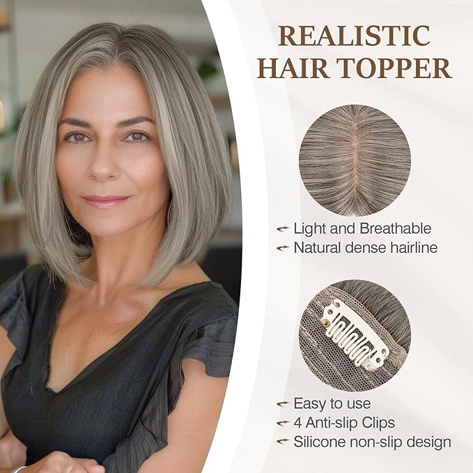 Rich Choices Hair Toppers for Women Real Human Hair 100% Human Remy Toppers NO Bangs for Women with Thinning on Top Clip in Hairpiece 4"x4.7"Lace Base 14 Inch Salt and Pepper G2 Sliver