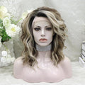 Synthetic Lace Front Wigs: Brown Highlight Ash Blonde 13*4 Inches Lace Front Wig, Short Bob Curly Wigs Synthetic Hair 16 Inches Wig Free Part with Natural Hairline Shoulder Length (Blonde Brown)