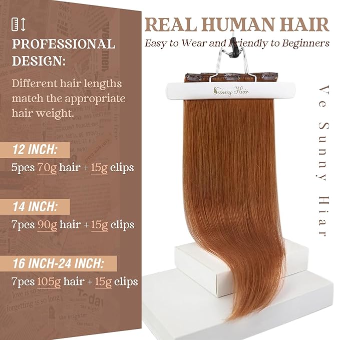 Ve Sunny Real Hair Extensions Clip in Human Hair Remy Hair Extensions for Women Full Head Clip in Human Hair Extensions Ginger Cooper 7pcs 18 inch 120g