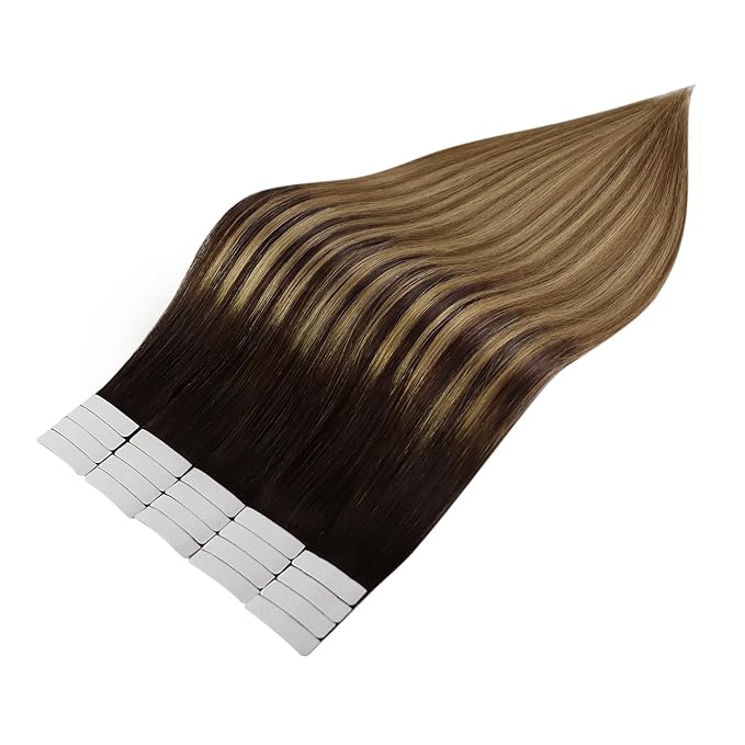 Full Shine Hair Extensions Tape in 16 Inch Seamless Human Hair Tape In Extensions Color 2/8/27 Brown Roots to Blonde and Brown Straight Hair Extensions Tape in 50 Gram Soft Remy 20 Pcs for Party