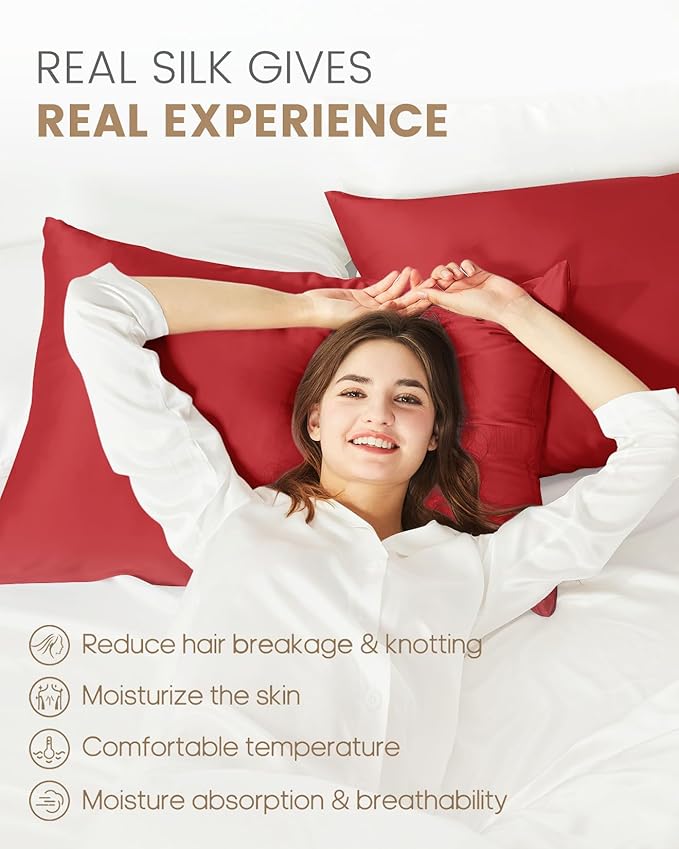 THXSILK 100% Pure Mulberry Silk Pillowcase for Hair and Skin - Upgraded Real Grade 6A+ Mulberry Silk - Durable, Soft & Anti-Aging Silk Pillow Case with Zipper(California King Size 20"x40", Red)