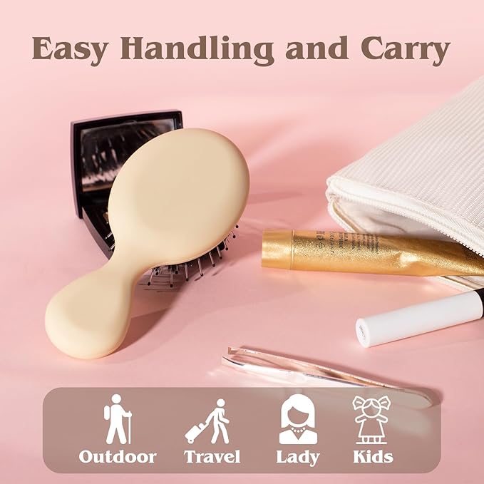 Mini Boar Bristle Hair Brush - Boar & Nylon Bristle Small Brush for Women Kids Long Short Hair to Smooth Add Shine - Travel Size Hair Brush for Purse,Pocke, Yellow
