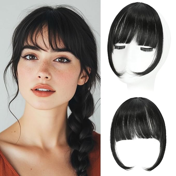 Clip in Bangs, Synthetic Wispy Bangs Hair Clip, Dark Black Fake Bangs Fringe with Temples Hairpieces for Women Natural Curved Hair Extensions for Daily Wear