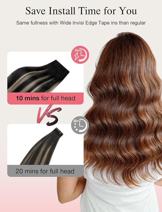DOORES Invisi Edge Tape in Wide Hair Extensions Human Hair, Natural Black to Light Blonde 4PCS Injection Tape ins 20g 20 Inch, Virgin Human 3 Inch Wide Injected Extensions Invisible