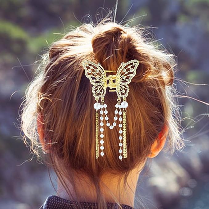 3PCS Butterfly Hair Claw Clip With Pearl and Rhinestone Tassel, Metal Small Hair Clips, Cute Hair Styling Accessories for Women and Girls, Gold