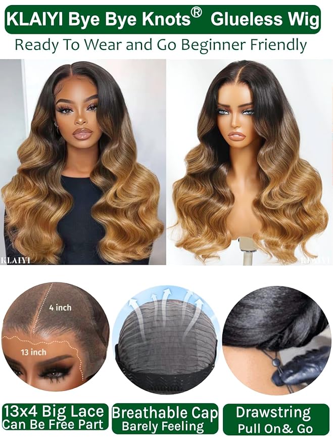 KLAIYI Ombre Highlight Blonde Loose Wave Pre Everything Glueless 13x4 Lace Front Wigs Human Hair Drawstring Balayage Brown Pre Cut Pre Plucked Bleached Ready to Wear and Go Wig with Dark Roots 16Inch