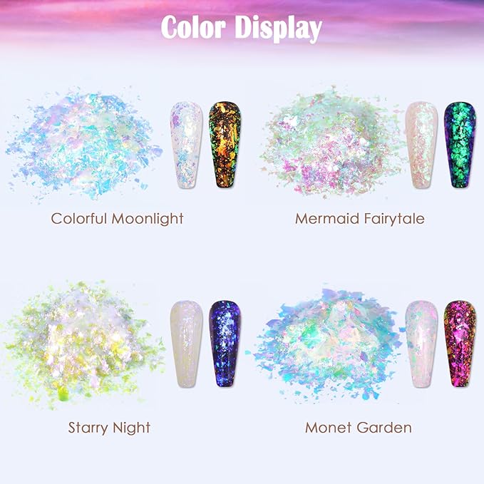 Laza Starry Night Chameleon Flakes Nail Glitter Irregular Opal Nail Foil Flakes Chunky Confetti Color-Shift Sequins Iridescent Fairy Dust for Mermaid Nails Design, Nail Decorations for Nail Art