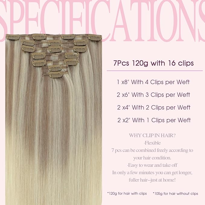 PINKPEARL Clip in Hair Extensions Straight Human Hair #18/22/60 Balayage Ash Blonde to Golden Blonde and Platinum Blonde 7pcs 120g 20 Inch Real Hair Clip in Extensions(#18/22/60-20)