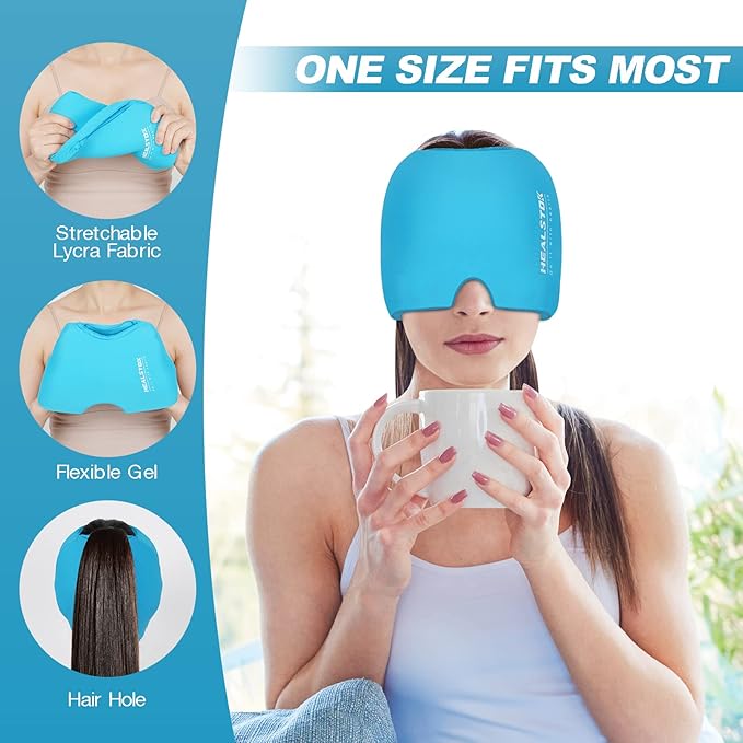 Head Ice Hat, Ice Cap for Head, Ice Head Wrap, Cold & Hot Therapy Reusable 360 Compression Flexible Ice Pack Wrap. Blue