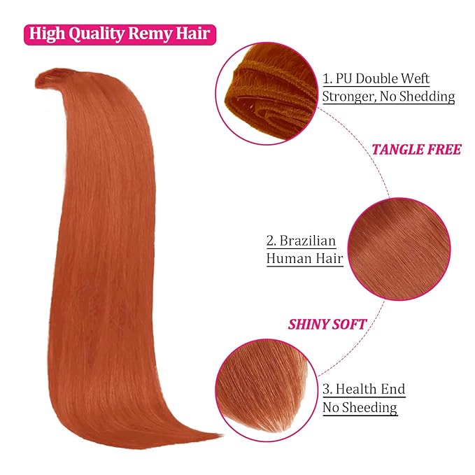 Kinky Straight Clip in Hair Extensions Human Hair Clip in Extensions 8Pcs 125g Double Weft Copper Hair Extensions Human Hair Full Head Invisible Edge Extensions（#350 24inch）
