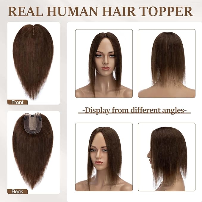 Rich Choices Hair Toppers for Women Real Human Hair 100% Human Remy Toppers NO Bangs for Women with Thinning on Top Clip in Hairpiece 4"x4.7"Lace Base 14 Inch #4 Medium Brown