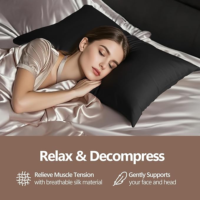 Set of 2 100% Mulberry Silk Pillow Cases - 6A Luxury Silk Pillowcase for Hair and Skin – Anti-Wrinkle, Cooling & Smooth, Hidden Zipper – Pillowcases for Sleeping Women Girl, Boy (Black, Standard)