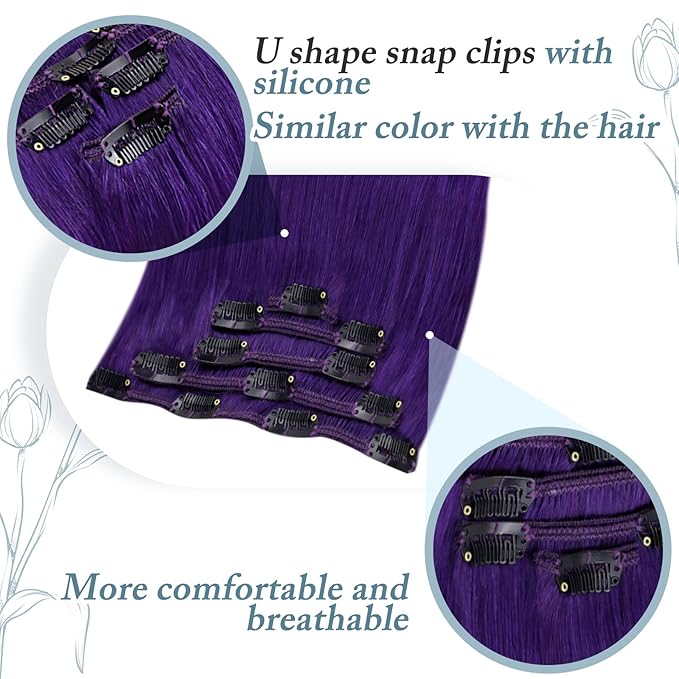 RUNATURE Purple Hair Extensions Clip in Real Human Hair, Full Head Clip in Extensions for Long Hair, Remy Natural Hair Colored Extensions for Women, 22 Inch 70g 5pcs