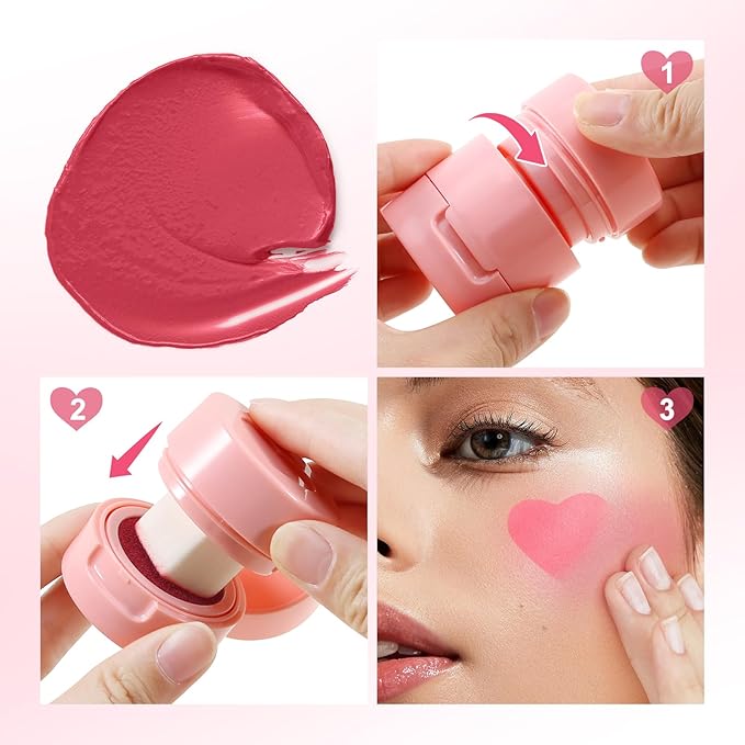 Boobeen Liquid Blush for Cheeks, Buildable & Blendable Face Blusher, Cheek Stamp Blush with Heart-shaped Applicator, Lightweight Air Cushion Blush for Velvet Matte Finish