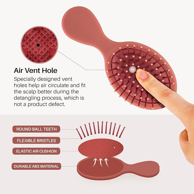 RHOS Mini Hair Brush for Women,Men and Kids-Travel Size Hair Brush for Purse,Pocket,backpack-Small Cushion Paddle Brush with Soft Bristles-Mini Detangler Brush for All Hair Types(1 Pack-Red)