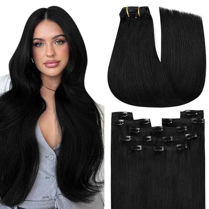 YoungSee 120G Black Clip in Hair Extensions Human Hair Clip in Extensions Jet Black Real Hair Extension Clip ins Human Hair for Women Short Hair Extension Straight 7Pcs 14Inch