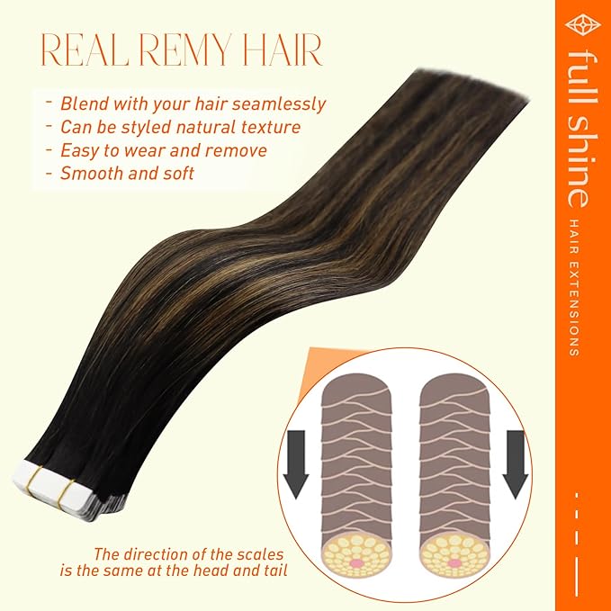 Full Shine Balayage Tape In Hair Extensions Real Human Hair 12 Inch Seamless Skin Weft Tape In Hair Extensions Soft Remy Add Volume 1B Off Black And 6 Chestnut Brown 30 Gram 20 Pcs
