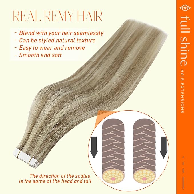 Full Shine Tape in Hair Extensions Human Hair 20 Pcs 18 Inch Color 16/22 Golden Blonde Highlight Medium Blonde Tape in Extensions Remy Hair Tape ins Natural Straight 50 Gram for Daily Wear