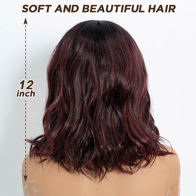 NOBLE Red Wig with Bangs for Women Short Colorful Wavy Bob Wig with Bangs Shoulder Length Ombre Wine Red Curly Wigs with Bangs Heat Resistant Synthetic Burgundy Colored Wigs for White Women