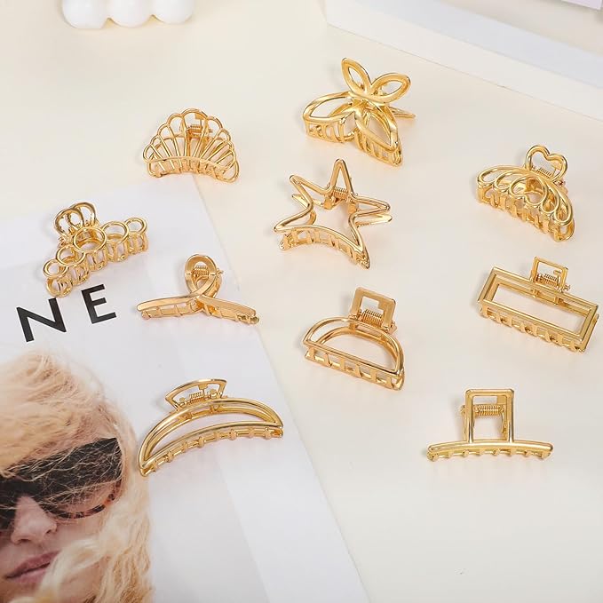 CWJCYTNSN Small Gold Hair Clips, 10Pcs Metal Hair Claw Clips for Women Thick Thin Hair, Non-Slip Hair Clips for Women and Girls, Strong Hold Hair Accessories