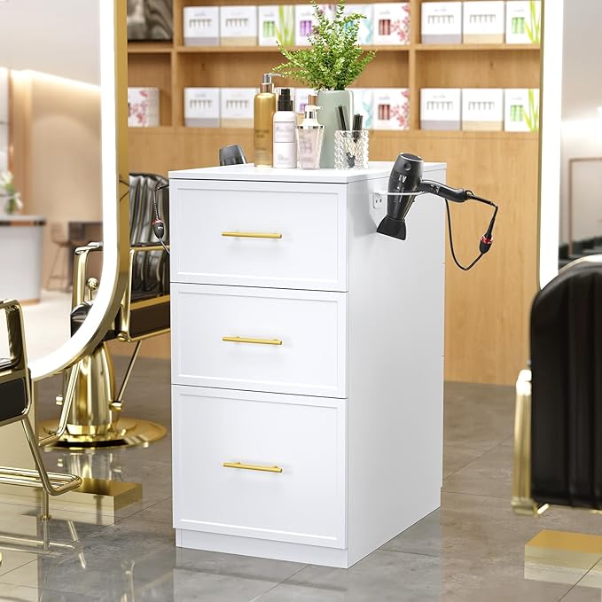 OmySalon Salon Stations for Hair Stylist, Double-Sided Barber Station with 6 Drawers & 2 Dryer Holders, Modern Hair Styling Cabinet for Beauty Salon Barbershop, White