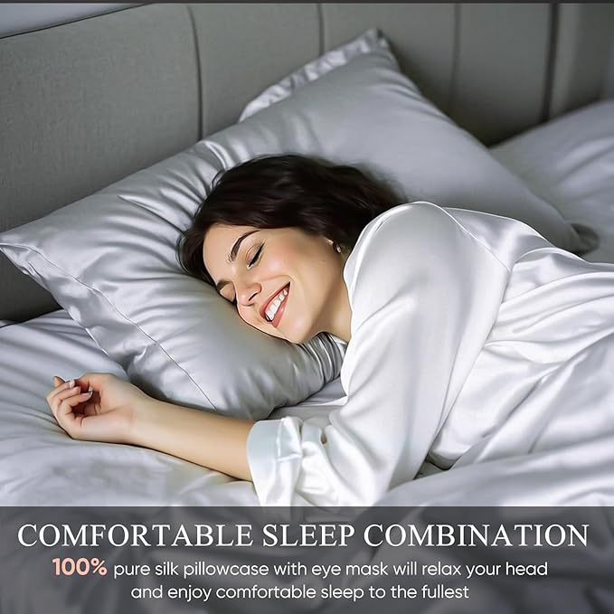 100% Mulberry Silk Pillowcase 22 Momme (SGS Certified) with Free Silk Eye Mask - Luxury Gift-Ready Folded Packaging, Cooling Pillow Cover for Hair & Skin Care (Silver Gray, Standard (1 Pack))