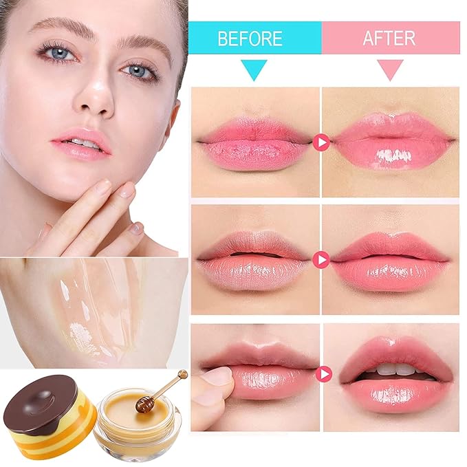 2Pcs Bee Lip Balm Honey Pot, Honey & Strawberry Lip Balm Moisturizing Lip Sleep Mask with Stick Hydrating & Prevention Dry and Cracked Lip Scrubs Exfoliator, Reduces Lip Lines
