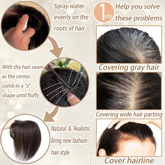 Amchoice Hair Toppers for Women Real Human Hair, Bangs Hair Clip 360° 3D Cover Bangs, Human Hair Toppers for Women Daily(Gray, 3D Side Bangs (5 * 9))