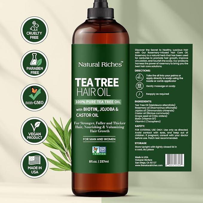 Natural Riches Tea Tree Oil for Hair - Blended with Vitamin E and Castor Oil for Hair Growth - Tea Tree Scalp Treatment for Dry Scalp - Lightweight Scalp Oil for Healthy, Strong Hair - 8 fl oz