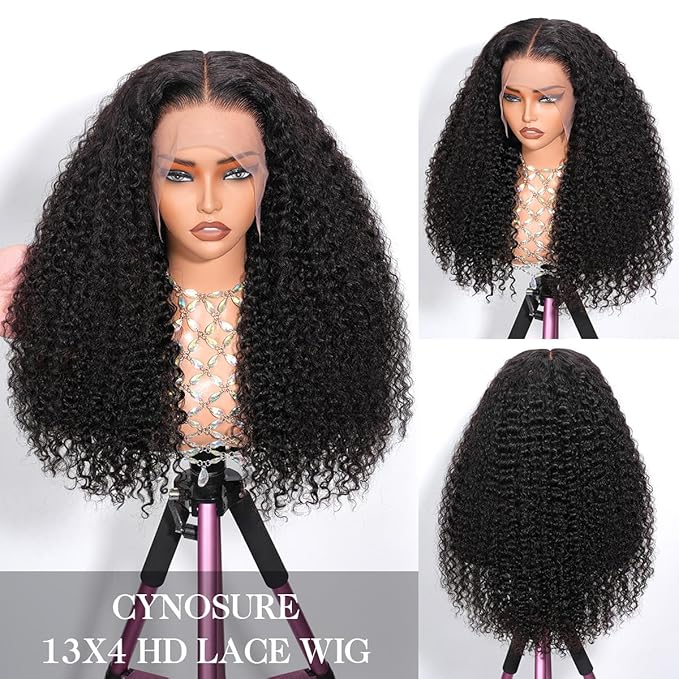 CYNOSURE HD Lace Frontal Wigs Human Hair Pre Plucked 180% Density 13x4 Kinky Curly Lace Frontal Human Hair Wigs for Black Women Glueless 26inch Long Curly Wig Natural Black Color