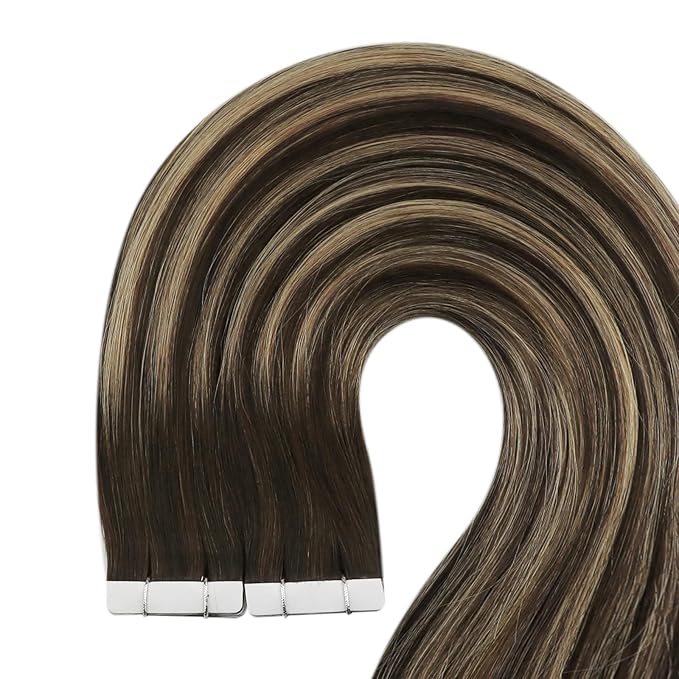 YoungSee Human Hair Tape in Extensions Brown Balayage Tape in Hair Extensions Dark Brown Ombre Blonde Seamless Tape-in Hair Extension Human Hair 22In Straight Hair Extension Long 20pcs 50g