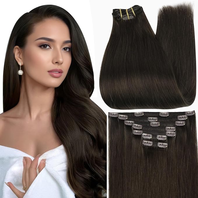 Full Shine 28 Inch Clip in Hair Extensions Real Human Hair Dark Brown Clip in Extensions Brown Real Hair Extensions Clip ins for Women Triple Weft Invisible 7 Pcs 150 G