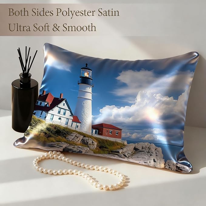 1 Pack Satin Pillowcase for Hair and Skin Lighthouse by The Sea Imitation Silk Pillowcase with Hidden Zipper Soft Breathable Pillow Cover Standard Size for Bedroom Sofa 20”x26”