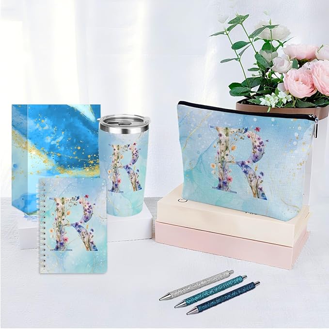 Personalized Gifts Monogrammed Birthday Gifts for Women, New Mom, Grandma Thank You Christmas, Initial 20 oz Tumbler, Makeup Cosmetic Bag Cup Pens Journal Notebook 6 Set, (Aesthetic Blue Flower R)