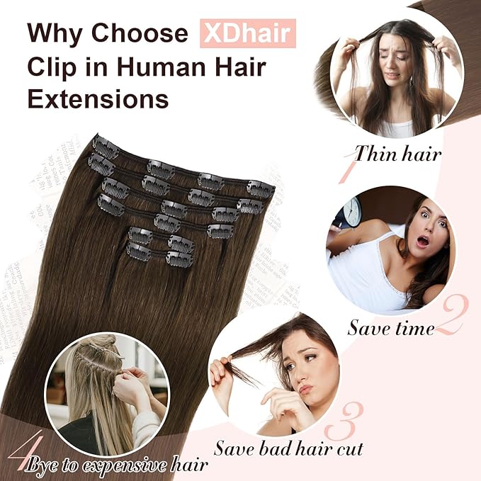 XDhair Clip in Hair Extensions 100G 6 pcs Medium Brown Clip in Hair Extensions Real Human Hair for Women Double Weft #4 14 Inch
