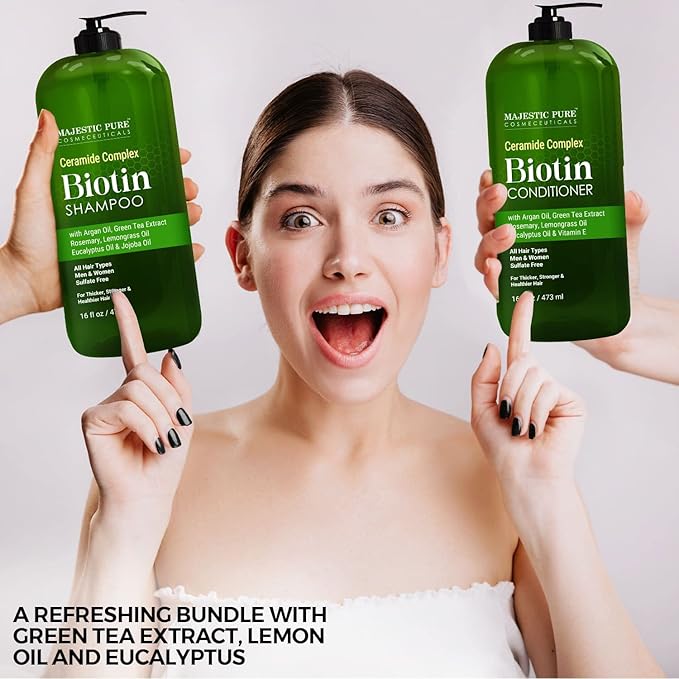 MAJESTIC PURE Biotin Shampoo and Conditioner Set - With Essential Oils & Ceramides - Helps Hair Growth, Thickening, Dry & Colored Hair - Sulfate Free - For All Hair Types - Men & Women - 16 fl oz each