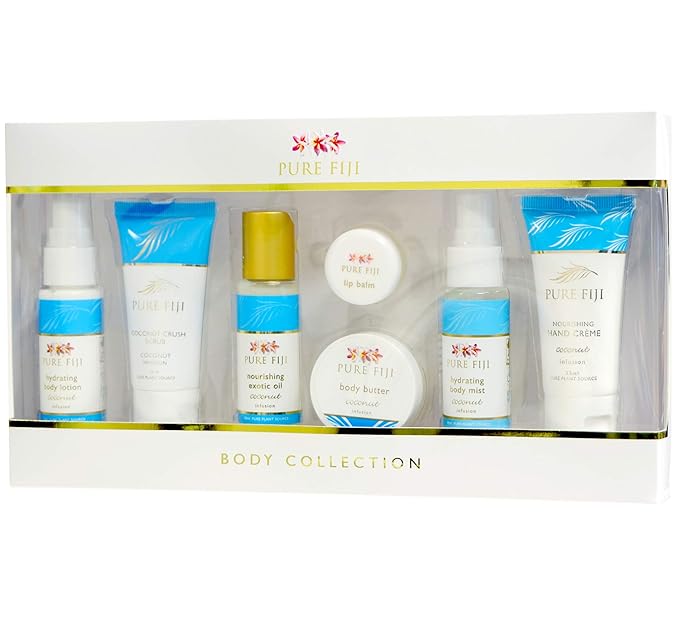 Pure Fiji Body Collection 7pacs- Bath and Body Gift Set Include - Body Mist,Coconut Crush, Body Oil, Body Butter, Soap, Body Lotion, Hand Creme - Travel Size, Scent Coconut