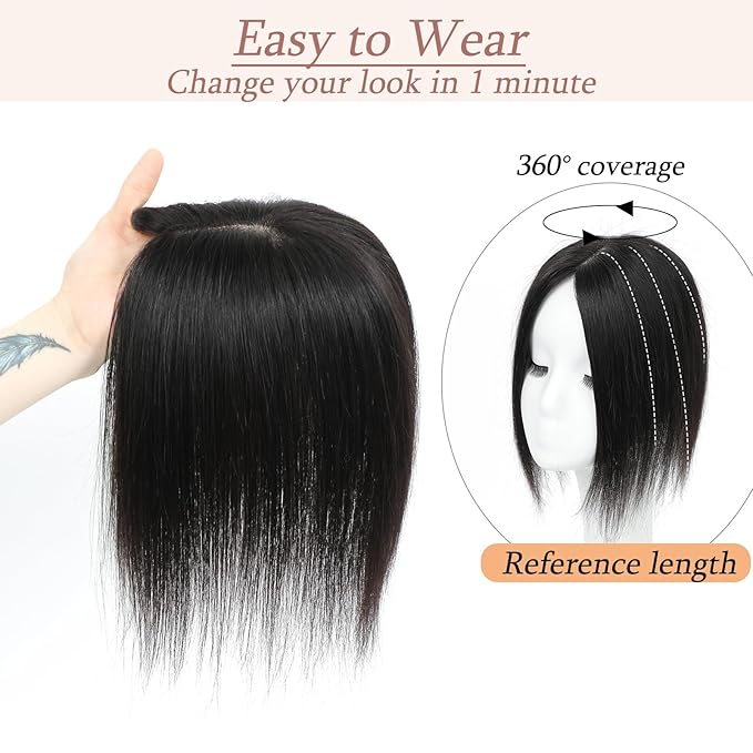 Human Hair Toppers for Women with Thinning Hair Real Human Topper Crown No Bangs 10 Inch #1B Natural Black