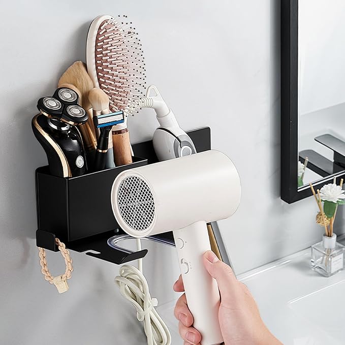 Hair Dryer Holder,Stainless Steel Wall Mounted Blow Dryer,Curling Iron,Straightener Holder Bathroom Metal Hair Tool Organizer Rack- Black