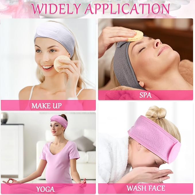 Hoteam 30 Pack Spa Headband Facial Esthetician Hair Wrap for Women Adjustable Makeup Sports Shower Stretch Towel with Tape(Pink, Gray, White)
