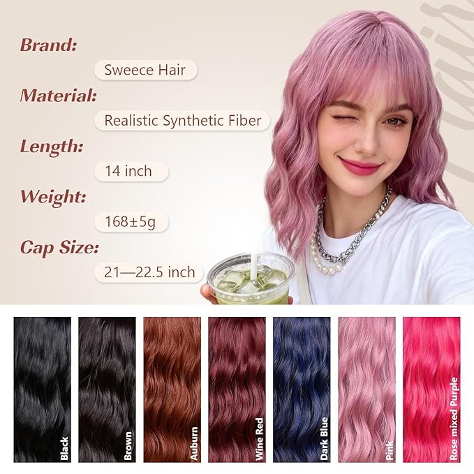 Pink Wig With Bangs Wave Bob Wigs for Women 14 Inch Short Loose Wavy Heat Resistant Synthetic Wig Shoulder Length Hair for Daily and Cospaly Party Use