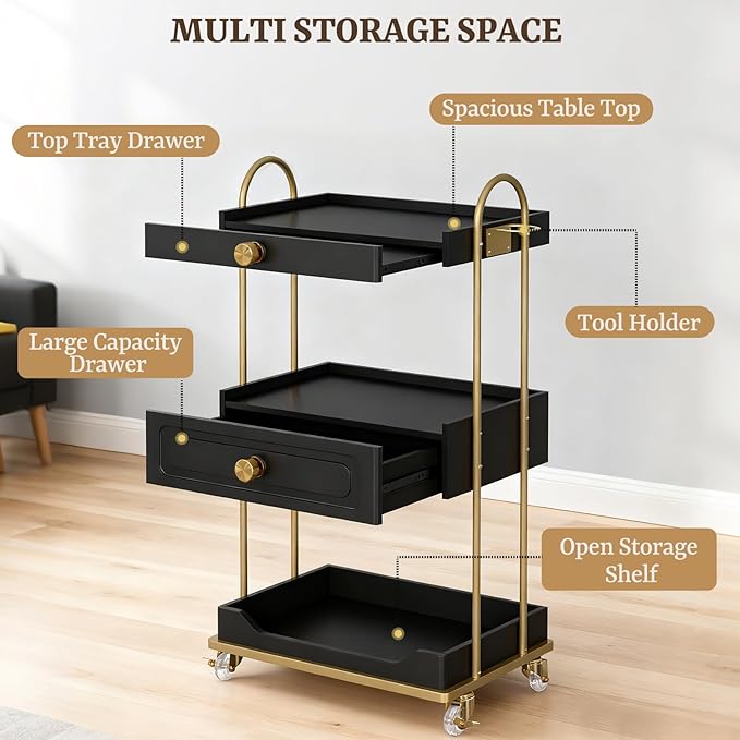 Barber Salon Trolley Cart w/Lockable Wheels, 3-Tier Rolling Beauty Cart with 2 Drawers & Dryer Holder, Mobile Beauty Trolley for Beauty Spa Barbershop(Black)